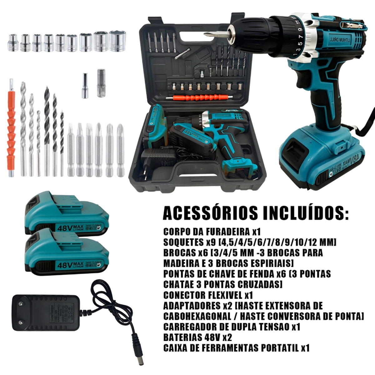 Parafusadeira Furadeira 48V Íon-Lítio Sem Fio, 2 Baterias, Maleta Resistente e Kit Completo